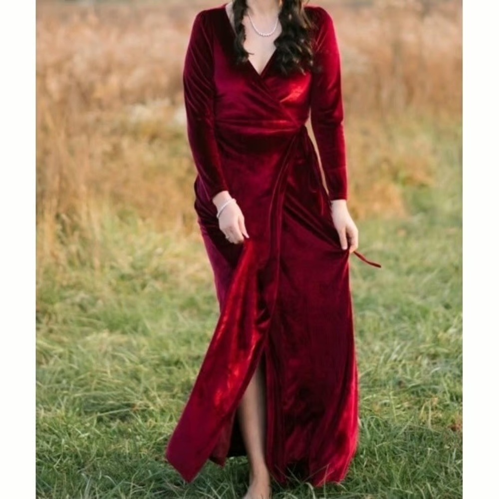 Baltic Born Esmerelda Merlot Velvet Wrap Maxi Dress Small - Picture 6 of 12